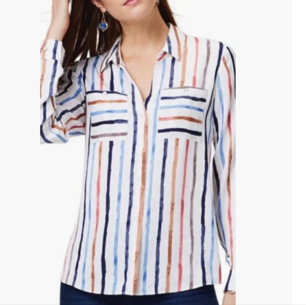 EUC NIC+ZOE Painted Stripe Pullover Top in Cream Multicolor Size M